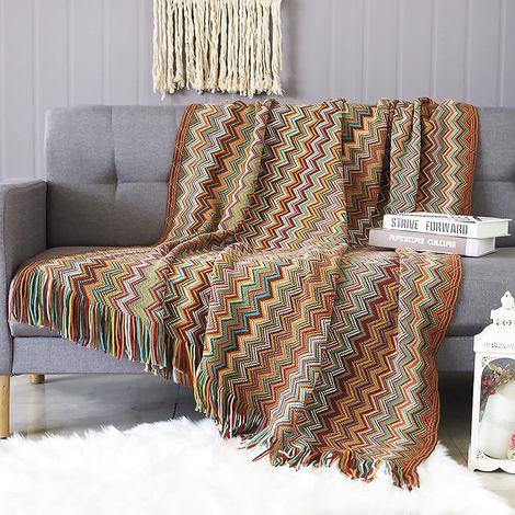 Couverture Tricotée Gland Jetés De Lit Couleur Pied-De-Poule Bohème Plaid Chaud Jeté Tapis à La Mode Doux Couverture Jeté De Canapé Couvre-Lit Décorative 130x170cm (1/5)