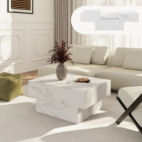 Ausziehbarer Couchtisch Lens 80x60x36 cm Marmoroptik, weiß [en.casa]