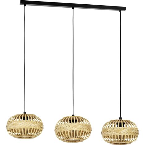 EGLO Amsfield 1 - Lampada a sospensione a 3 luci, da appendere sopra il tavolo da pranzo, con attacco E27, L 96 cm, in metallo nero e bambù marrone (1/5)
