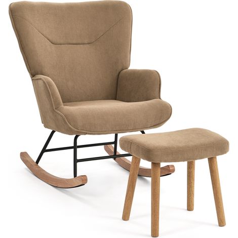 GOEURVANT - Ergonomic Rocking Chair with Footstool - Camel - Corduroy - High Backrest & Silent Rocking Function