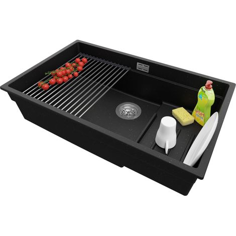 PRIMAGRAN Evier Cuisine en Granit 76x47cm, Lavabo 1 bac + Kit de Vidage + Égouttoir Enroulable, Évier à Encastrer au meuble 80cm - Prague Slim, Noir Métallisé (1/5)