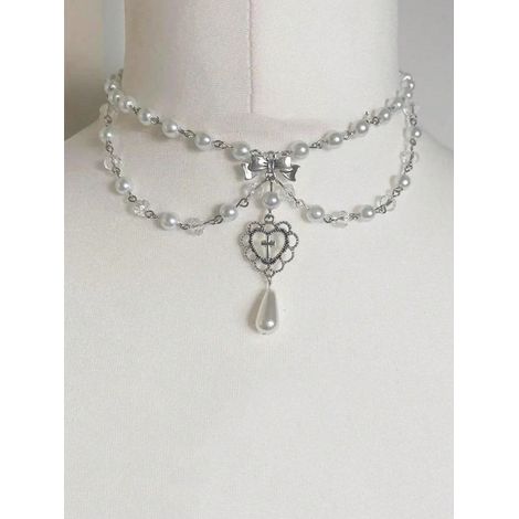 Collier Ras-de-Cou Adorable à Plusieurs Couches de Perles Synthétiques avec Accent Cœur Argenté, Accessoire Y2K pour Usage Quotidien, Cadeau d'Anniversaire et Saint-Valentin (1/4)