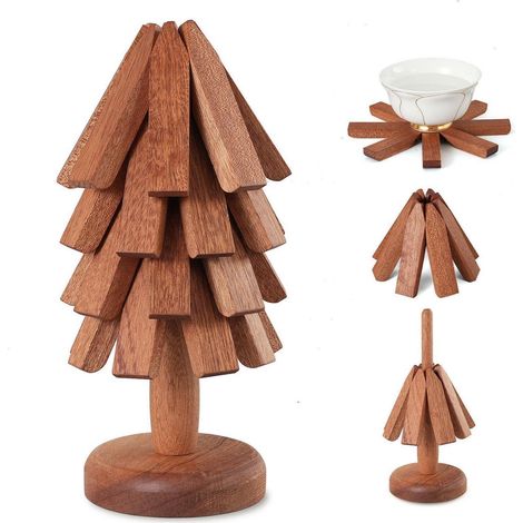 Topfuntersetzer Baumform, Hitzebeständig, Holz, Set mit 4 Untersetzern & Ständer