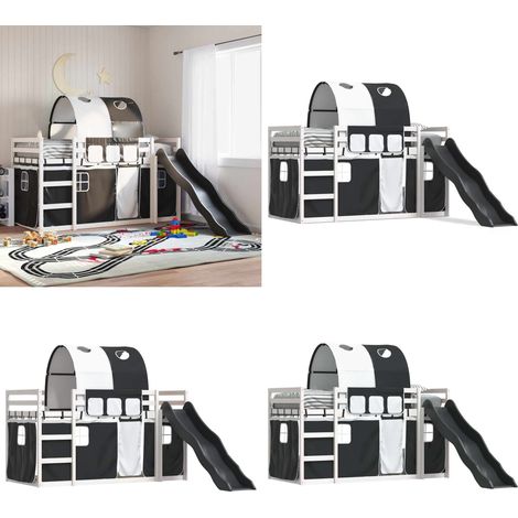 Etagenbett mit Rutsche und Gardinen Weiß und Schwarz 90x190 cm - Kinderhochbett - Holzbetten - Etagenbett - Jugendzimmermöbel - Hochbett Mit Rutsche - Home & Living