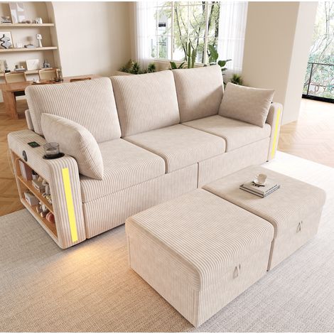 Sofá modular U/L 5-6 plazas, 2 pufs con arcón, LED, USB/Type-C, beige HAVRYA (1/5)