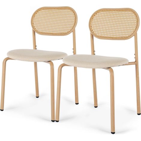 Juego de 2 sillas de comedor con respaldo de ratán trenzado, diseño ergonómico, asiento acolchado, patas ajustables, aptas para comedor y salón - Madera natural