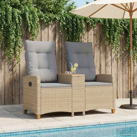 vidaXL  Reclining Bench with Table  Beige and Light Grey Poly Rattan