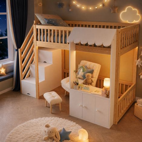 Cama alta 90 x 200 cm con almacenaje, escalera, LED multicolor, madera clara DESVIAE (1/5)