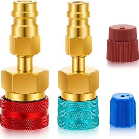 Adapter R1234YF auf R134A, blaue und rote Adapter für Hoch- und Niederdruckseite R1234YF, Klimaanlagen-Schlauchanschlüsse für das Ablassen und Nachfüllen des R1234YF-Kompressors