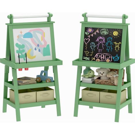 Chevalet 3 en 1 pour enfants, chevalet de peinture double face avec rouleau de papier et paniers, vert (1/5)