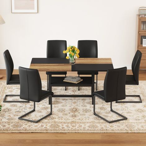 Ensemble de table à manger rectangulaire 160 x 90 x 76 cm avec étagère de rangement multifonctionnelle et 6 fauteuils noirs en similicuir haute qualité — idéal pour salon, salle à manger et cuisine (1/5)