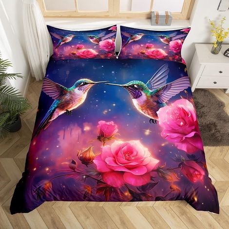 Housse de Couette Colibri 240 x 260 avec 2 Taies d'oreiller, Parure de Lit Fleurs de Rose pour Ado Fille, Sets de Housses de Couettes Fleurs Romantiques, Couvre Lit Animaux Sauvages (1/5)