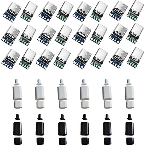 Lot de 12 connecteurs et 12 prises femelles USB 3.1 type C mâle 24 broches mâle et femelle type SMT avec platine de connecteurs USB Carte de dérivation mâle avec boîtier noir et blanc (1/5)