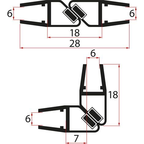 Jeu de joints magnétiques 45° pour verre 6/6mm, 1900mm, noir (1/2)