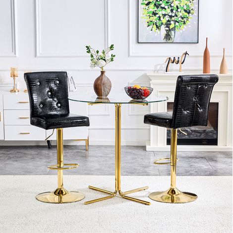 MODFU – Set di 2 sgabelli da bar in PVC effetto coccodrillo con bottoni effetto cristallo, seduta imbottita, schiuma ad alta densità e carico 136 kg per cucina o bar – Nero (1/5)