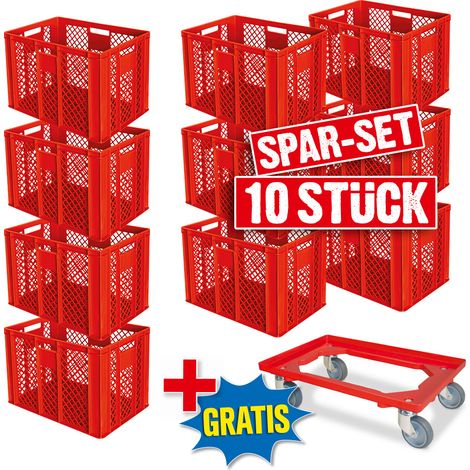 BRB 10er Spar-Set Euro-Stapelbehälter Plus Transportroller, 600x400x410 mm Industriequalität lebensmittelecht rot (1/2)