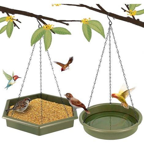 Mangeoires à oiseaux d'extérieur à suspendre, XL 2 en 1 pour oiseaux et bains d'oiseaux pour l'extérieur, mangeoires à oiseaux sauvages à suspendre (vert militaire) (1/5)