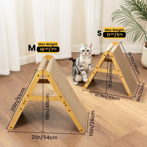 Griffoir pour chat en carton triangulaire avec cadre en bois, meuble grattoir durable pour protection des meubles