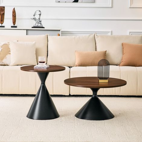 Lot de 2 Tables Basses Gigognes - Ø70cm & Ø50cm - Design Sablier Moderne Effet Noyau Bois et Métal Noir - Noyer et Noir (1/5)