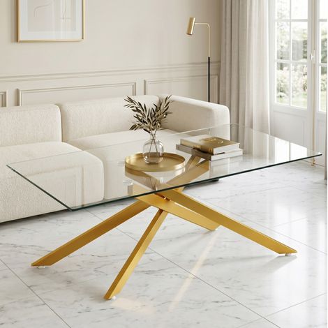 Table basse rectangulaire en verre trempé, piètement métallique doré, 120 x 60 x 46 cm (1/5)