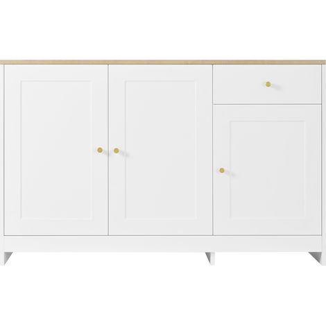 CAIziBuffet avec 3 portes et 1 tiroir de rangement – armoire commode comme buffet pour salon et salle à manger, en naturel et blanc, dimensions: 120x40x75 cm (1/5)