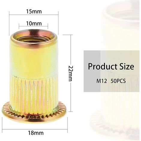 50 pezzi di dadi a rivetto filettati M12 a testa piatta, dadi a rivetto filettati in acciaio al carbonio zincato, inserti filettati per rivetti M12 (18 mm x 22 mm) (1/4)