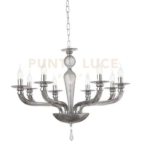 LAMPADARIO VILLA VETRO E METALLO 8 LUCI FUME' E CROMO ATTACCO E14 D.82CM
