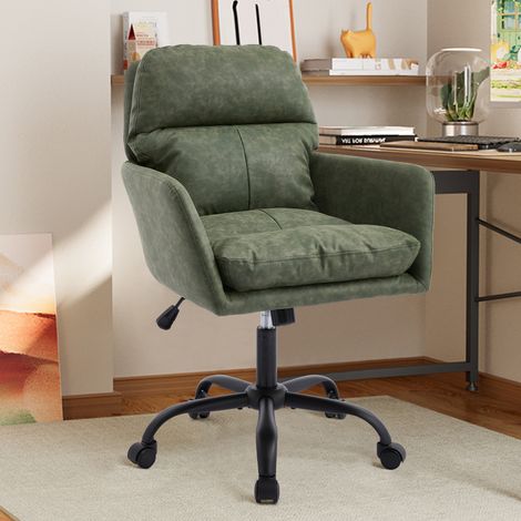 Silla de oficina regulable en altura, asiento ergonómico, base de metal negro, tapizada en piel sintética verde