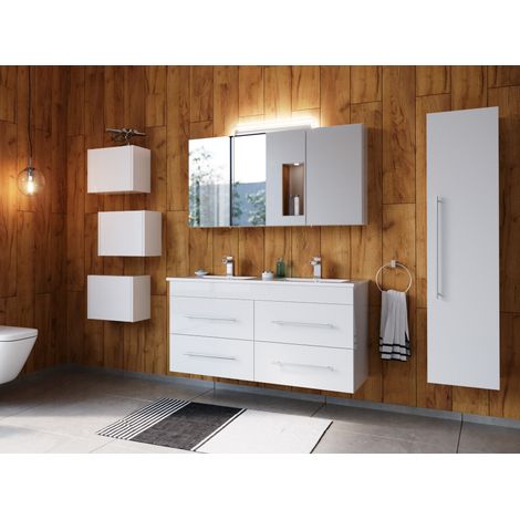 Badmöbelset Helios 4-teilig Spiegelschrank Hochschrank 3er Boxen weiss hochglanz (1/5)