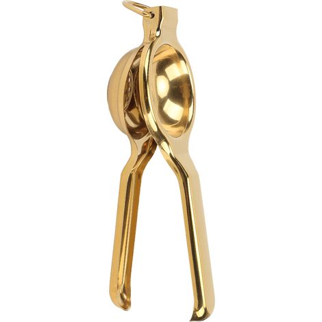 Presse-citron ergonomique en acier inoxydable avec poignée extra-longue et anneau de levage pour la cuisine, couleur or. (1/5)