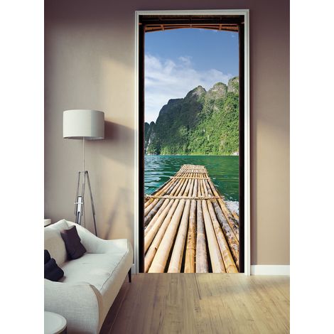 Sticker porte trompe l'oeil Ponton en bois 204x83cm, Déco porte ouverte, Rochers verts, Décoration intérieure murale (1/2)