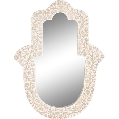 miroir mural hamsa blanc en bois de manguier sculpté style indien - blanc ivoire sculpté (1/3)