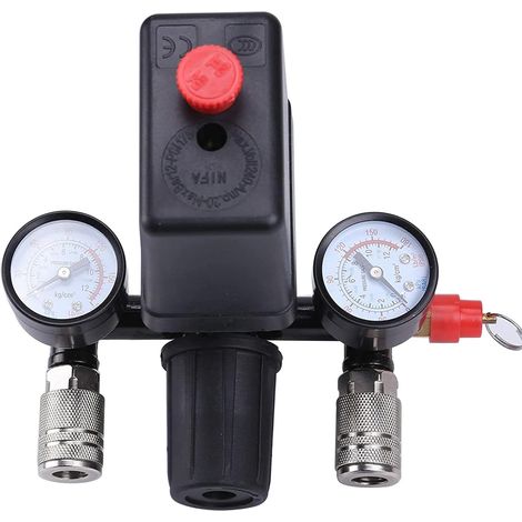 Régulateur de pression 230 V avec interrupteur à 2 indicateurs mesure, compresseur d'air, valve commande filetage extérieur 1/2", compresseur, - (1/5)