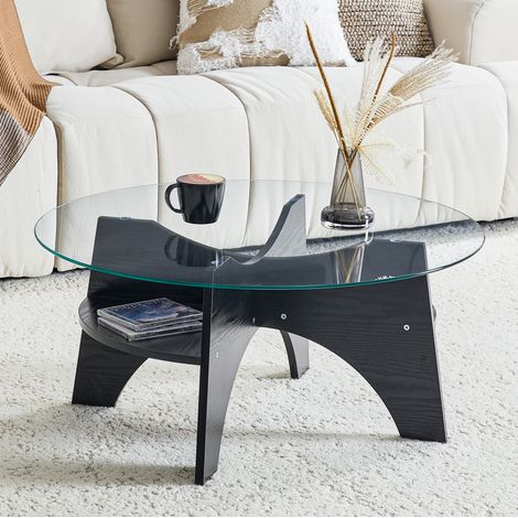 Table basse ronde 80x80x36 cm noire en MDF et verre trempé avec design en éventail et pieds antidérapants (1/5)