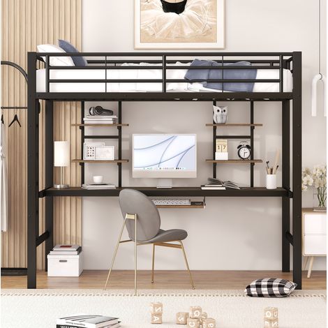 DESVIAE Lit mezzanine avec bureau et deux bibliothèques en métal noir 90 x 200 cm avec tablette pour clavier et garde corps sécurisé (1/4)