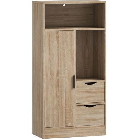 Meuble salle de bain étroit 2 tiroirs, compartiments ouverts, 50x25x100cm, bois naturel (1/5)