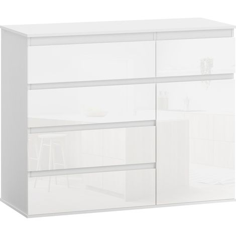 Credenza Mobile Basso 100x40x80 cm con 5 Cassetti Ripiano Regolabile in MDF Bianco Lucido (1/5)