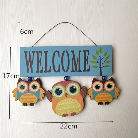 Plaque de bienvenue hibou en bois à suspendre pour porte d’entrée (bleu)