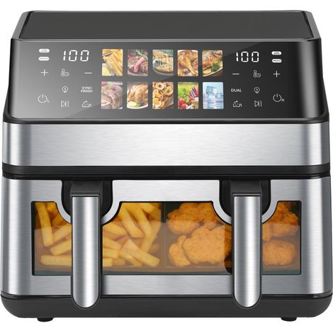 VVBV Friteuse à air chaud, double compartiment, 10 programmes, fenêtre de contrôle, écran tactile, Noir (1/5)