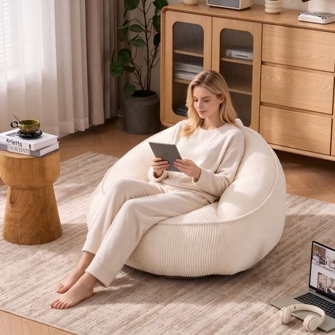 Canapé-Pouf en velours côtelé doux format – Aucun assemblage requis – Adapté coin lecture salon chambre – Design pour adultes – 90×90×59 cm – Beige (1/5)