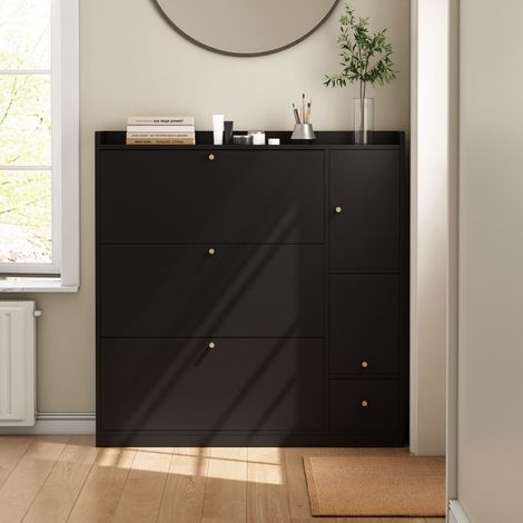 XXL-Schuhschrank – 119 x 24 x 122 cm – Flurschrank mit 3 Klappen, Schublade und integrierter Schuhbank – Schwarz