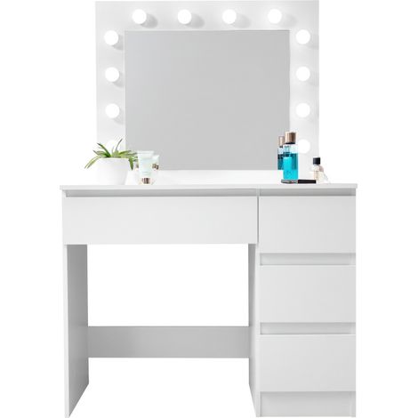 Aga Schminktisch mit 12 LED Glühbirnen,Kosmetiktisch mit 4 Schubladen  Weiß Matt