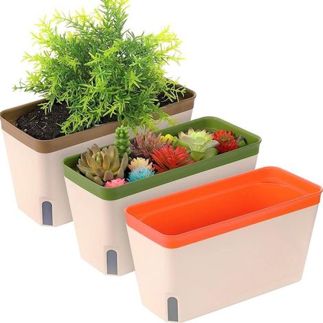 3-teiliges Set selbstbewässernder Blumentöpfe, 27 cm große rechteckige Kunststofftöpfe für Gartenblumen und Bonsai – mit Wasserstandsanzeige und verdecktem Abflussloch (1/5)