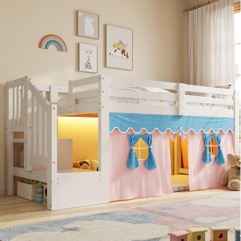 Cama infantil alta 90x200 cm con LED, cortinas opacas y almacenamiento, MDF y pino blanco (1/5)