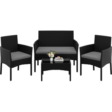 Yaheetech 4 Pièces Salon de Jardin Exterieur en Polyrotin, Mobilier de Jardin avec Coussins d'Assise, Canapé 2 Places, 2 Fauteuils et 1 Table, Meubles Ensemble pour Extérieur Balcon Terrasse Noir/Gris (1/5)