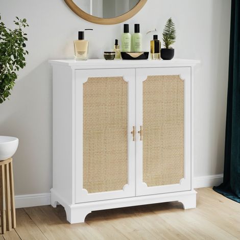 Buffet 80x38x86cm - 2 Portes en Rotin Naturel - Buffet Bas Style Boho & Mid-Century - Étagères Ajustables - Blanc (1/5)