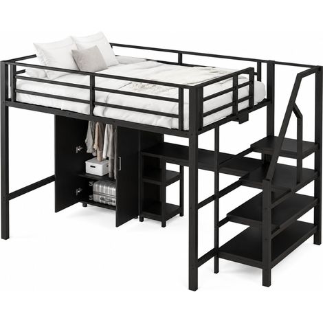 Letto a soppalco 140x200 cm con scrivania, armadio, ripiani e scala contenitore, struttura in metallo e MDF, senza materasso, nero, per camera junior - CHICFURN (1/5)