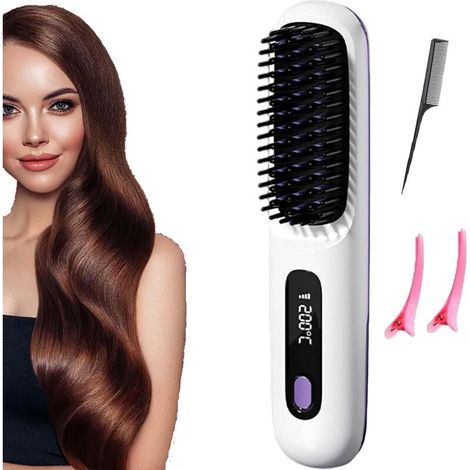 Brosse Coiffante Cheveux Courts, Brosse Lissante Rechargeable Portable, Avec Affichage Lcd,RéGlage De La TempéRature En 3 éTapes,Chauffage Rapide 20s,Pour Coiffage Quotidien & Voyage (Blanc) (1/5)