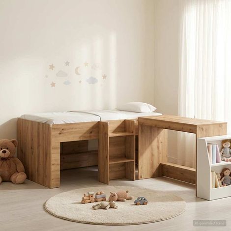 Lit haut enfant avec bureau 2 pièces, chêne artisanal, 163 x 101 x 68,5 cm - PANGIVO (1/5)