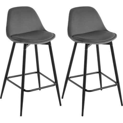 Klihome 2x Bar Stools Dining Room Kitchen Breakfast High Chairs Footrest Barstool with Cushioned Velvet Seat and Metal Frame, Dark Grey (1/5)